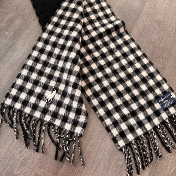 Polo Ralph Lauren Lamb wool black white gingham plaid fringe scarf NWOT - Picture 3 of 8
